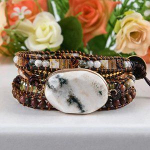 Natural Jasper Crystal Beaded Bracelet Solar Quartz Charm Leather Wrap Bracelet